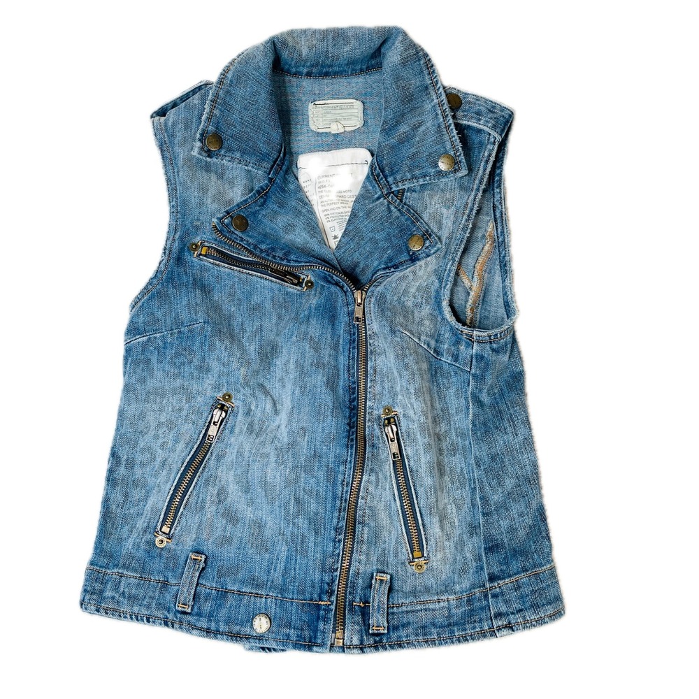 Current/Elliott Denim Vest Womens 1 Blue The Sleeveless Moto Leopard Distressed